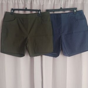 Kate Park Pull On Stretch Shorts, Pockets, Set Of Two, Olive Green, Denim Blue